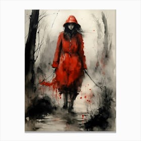 Mujer De Rojo Caminando En Un Bosque Surrealista Canvas Print