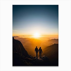 Couple Walking On Top Of Mountain At Sunset Canvas Print