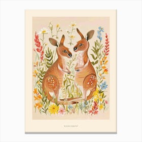 Folksy Floral Animal Drawing Kangaroo 2 Poster Canvas Print