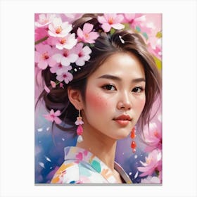 Asian Girl With Cherry Blossoms Canvas Print