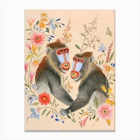 Folksy Floral Animal Drawing Monkey Canvas Print