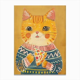 Brown Cat Pizza Lover Folk Illustration 2 Canvas Print