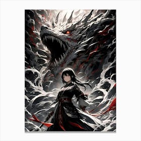 Anime - Female warrior battling against a dragon Canvas Print