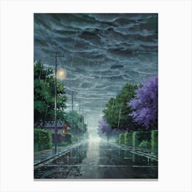 Anime Canvas Art: Moody Rainy Suburban Street with Storm Clouds and Reflections, Perfect for Lofi Aesthetic and Atmospheric Urban Art Fans. Canvas Print