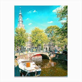 Boat And Bridge In Amsterdam, Holland Canvas Print