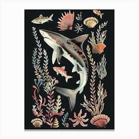 White Tip Reef Shark Seascape Black Background Illustration 4 Canvas Print