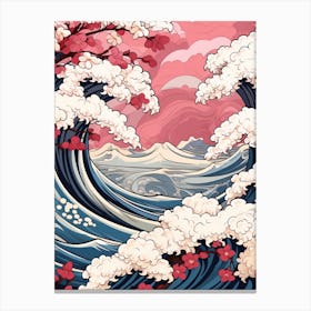 Great Wave With Cherry Blossom Flower Drawing In The Style Of Ukiyo E 1 Canvas Print