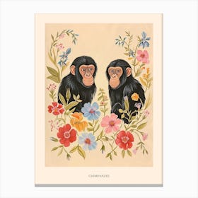 Folksy Floral Animal Drawing Chimpanzee 6 Poster Canvas Print
