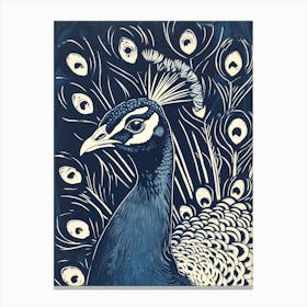 Blue Linocut Inspired Peacock Portrait 4 Canvas Print