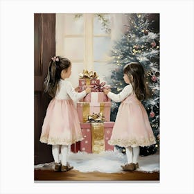 Two Little Girls With Presents Canvas Print