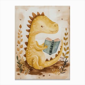 Neutral Pastels Dinosaur Reading A Book 3 Canvas Print