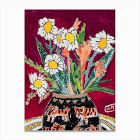 Daisy Bouquet On Wine Red With Tiger Vase Canvas Print