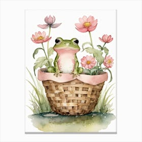 Cute Pink Frog In A Floral Basket (1) Canvas Print