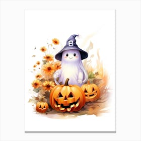 Cute Ghost With Pumpkins Halloween Watercolour 77 Canvas Print