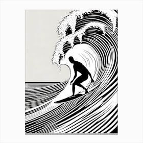 Surfer On A Wave Linocut Black And White Painting, into the water, surfing Canvas Print