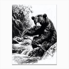 Malayan Sun Bear Fishing A Stream Ink Illustration 4 Canvas Print