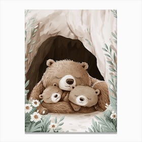 Sloth Bear Family Sleeping In A Cave Storybook Illustration 3 Canvas Print