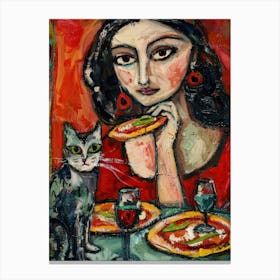 Portrait Of A Woman With Cats Eating Pizza 4 Canvas Print