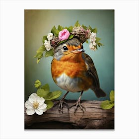 Robin With Flower Crown 1 Canvas Print