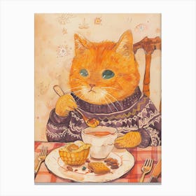 Happy Orange Cat Having Breakfast Folk Illustration 3 Canvas Print