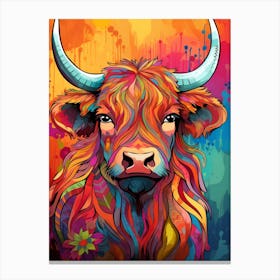Colourful Patchwork Illustration Of Highland Cow 2 Canvas Print