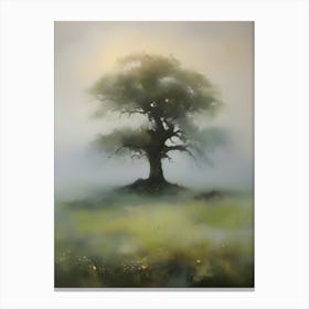 Oak tree, fine work of art, misty atmosphere, green meadow..15 Canvas Print