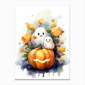 Cute Ghost With Pumpkins Halloween Watercolour 74 Canvas Print