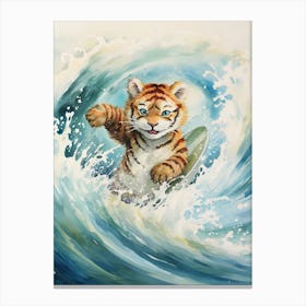 Tiger Illustration Surfing Watercolour 3 Canvas Print