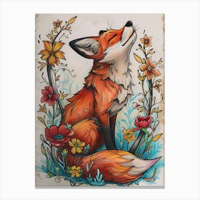 Amazing Red Fox With Flowers 5 Canvas Print