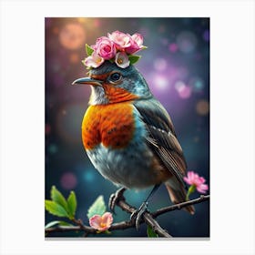 Robin With Flowers Canvas Print