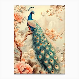 Luxury Chinoiserie Painting Of Peacock On Vintage Floral Pattern Canvas Print