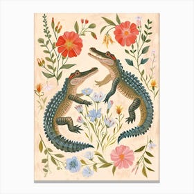Folksy Floral Animal Drawing Alligator Canvas Print