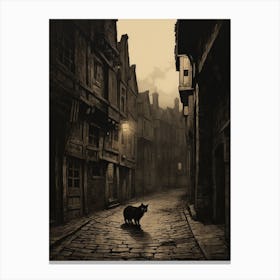 Spooky Black Cat In Smoky Medieval Street Under Spotlight Canvas Print
