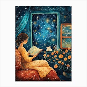 Girl Reading Book with Her Cat 7 Canvas Print