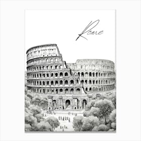 Rome Colosseum, Black And White Illustration Canvas Print