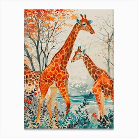 Giraffe & Calf In The Leaves Orange Tones Canvas Print