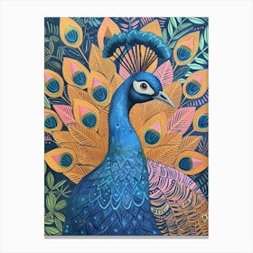 Colourful Folk Inspired Peacock Portrait 1 Canvas Print