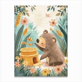 Sloth Bear Cub Playing With A Beehive Storybook Illustration 3 Canvas Print