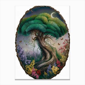 A Mesmerizing Oil Painting Captures The Essence Of Enchantment With A Circular Frame Resembling An Ornate Wreath Or Border Stampe su tela