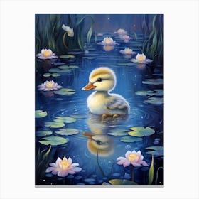 Duckling Swimming In The Pond In The Moonlight Pencil Illustration 1 Canvas Print