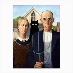American Gothic With A Black Cat Canvas Print