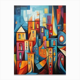 Old Town at Night, Vibrant Colorful Abstract Painting in Cubism Style Canvas Print