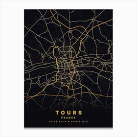 Tours France Black And Gold Map Canvas Print