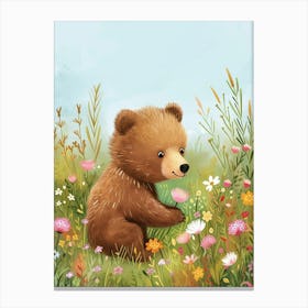 Brown Bear Cub In A Field Of Flowers Storybook Illustration 3 Canvas Print