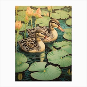 Ducklings With The Water Lilies Japanese Woodblock Style  6 Canvas Print