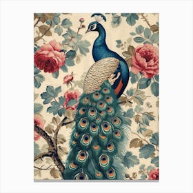 Cream Blue & Blush Pink Peacock Sepia Canvas Print