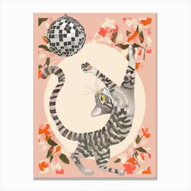 Disco Cat Checkerboard Floral Whimsical Illustration Funky Dopamine Canvas Print