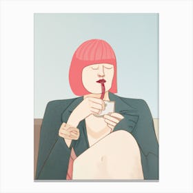 Woman Drinking Coffee Pink Hair Canvas Print