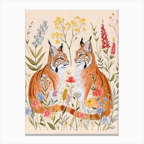 Folksy Floral Animal Drawing Bobcat Canvas Print