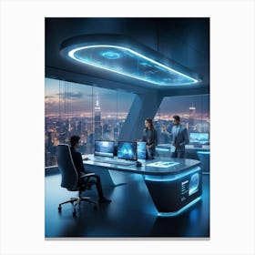 A Futuristic Tech Support Management Office Utilizing Ai And Cloud Solutions Holographic Projection Canvas Print